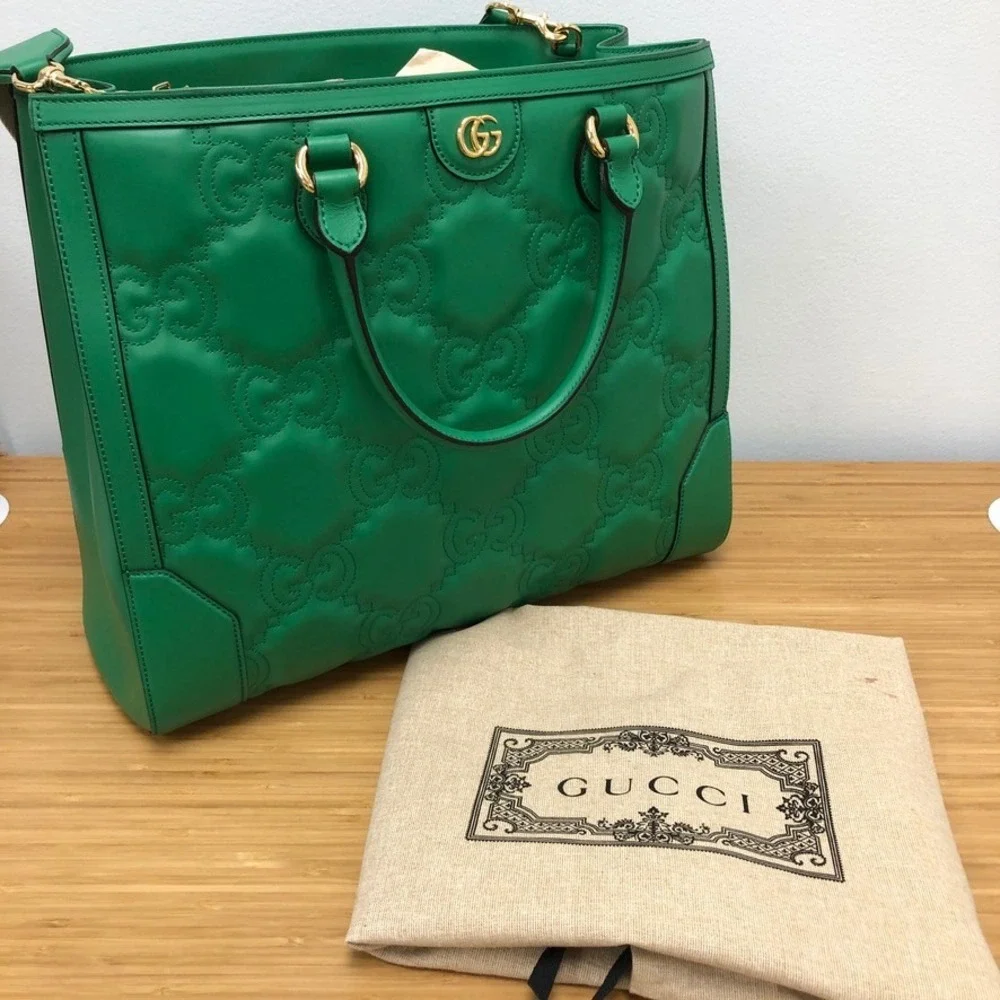 Gucci GG Matelasse Tote Women Large Green Leather Quilted Gold Hardware Bag